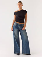 Neo Low Rise Wide Leg Denim Jeans - Vintage Blue Bleach Wash